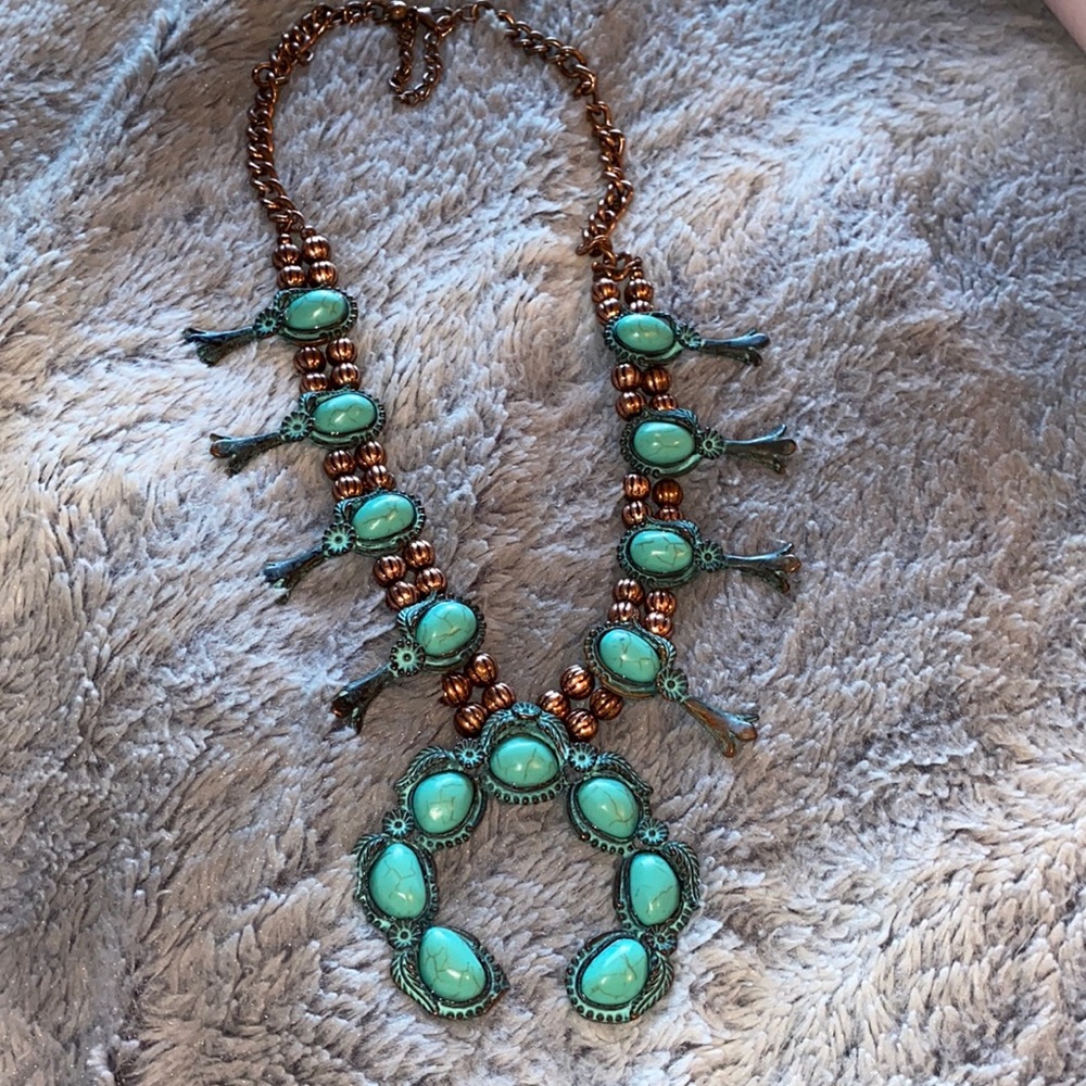 turquoise squash blossom w copper beading necklace